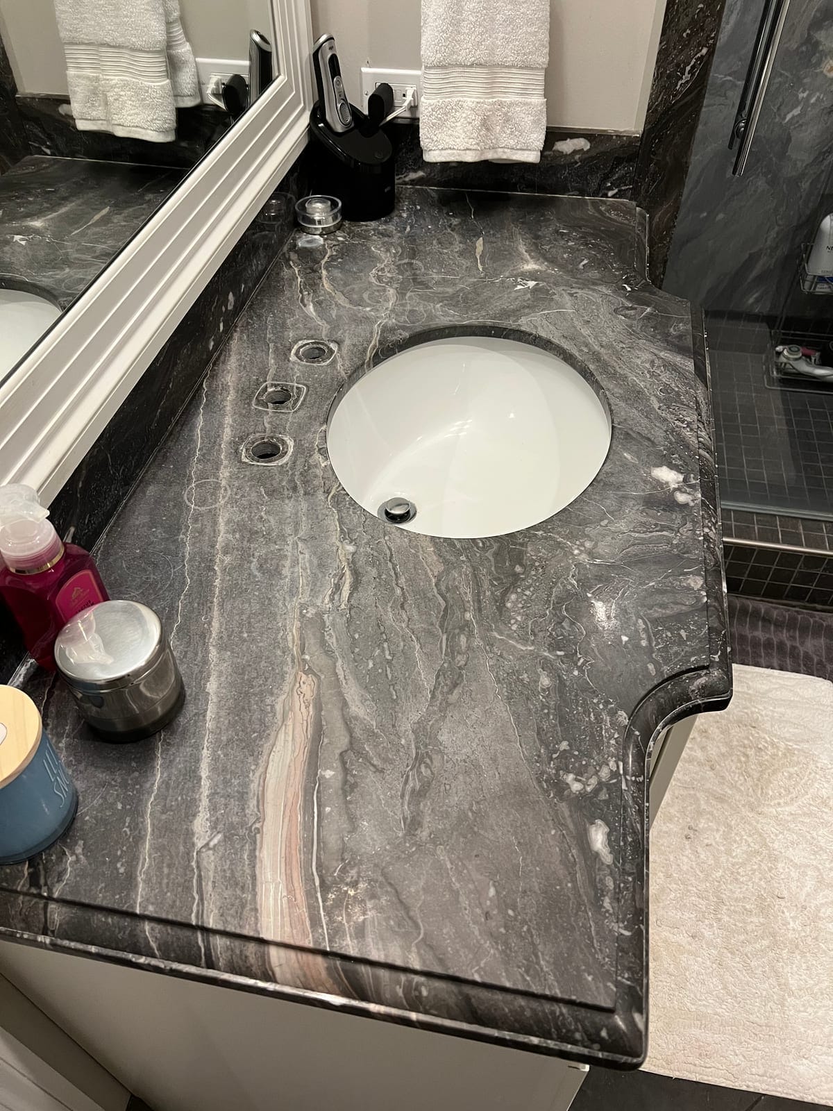 Dark marble vanity with AntiEtch, before