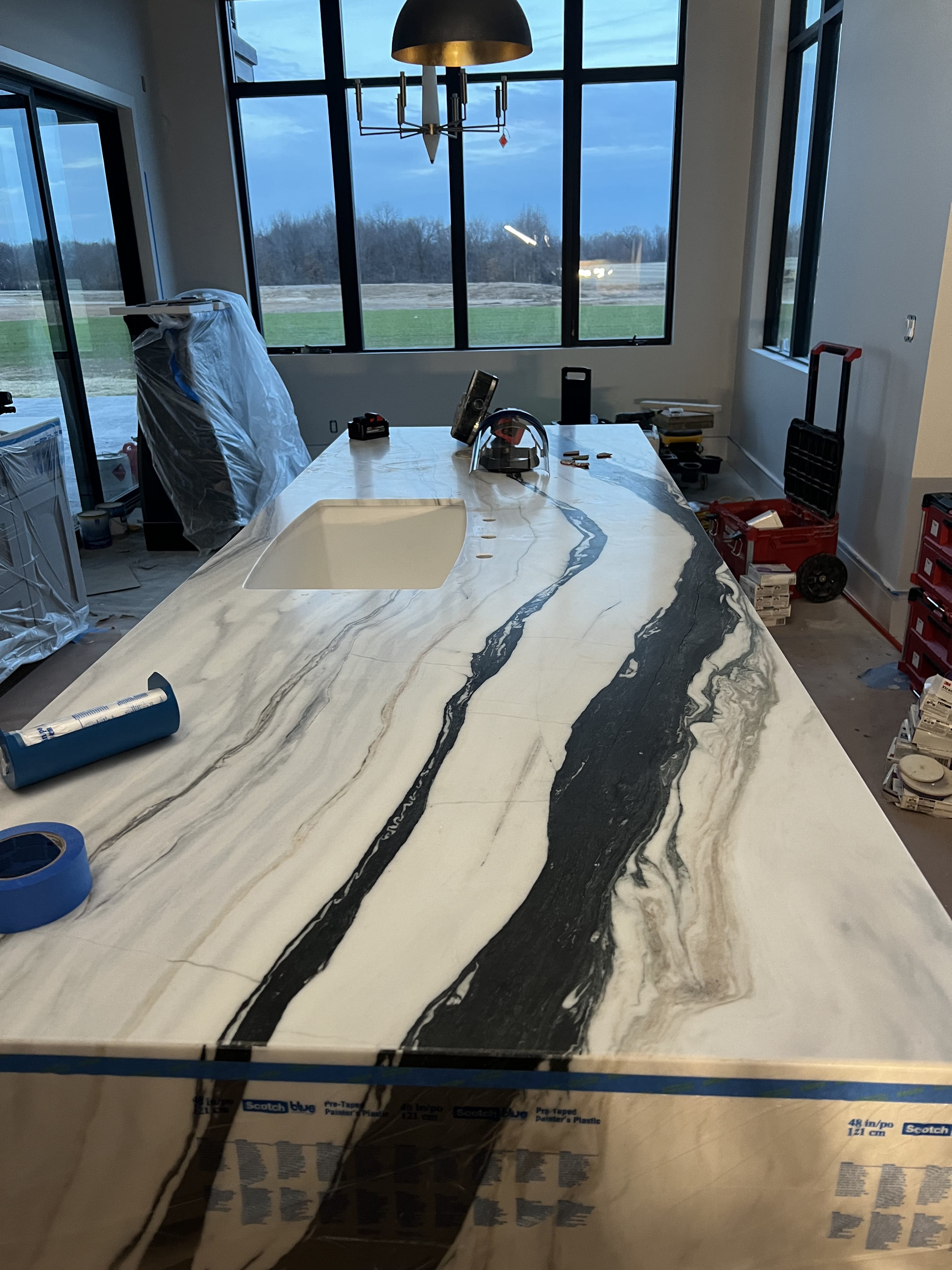 Black and white marble island, masked for AntiEtch