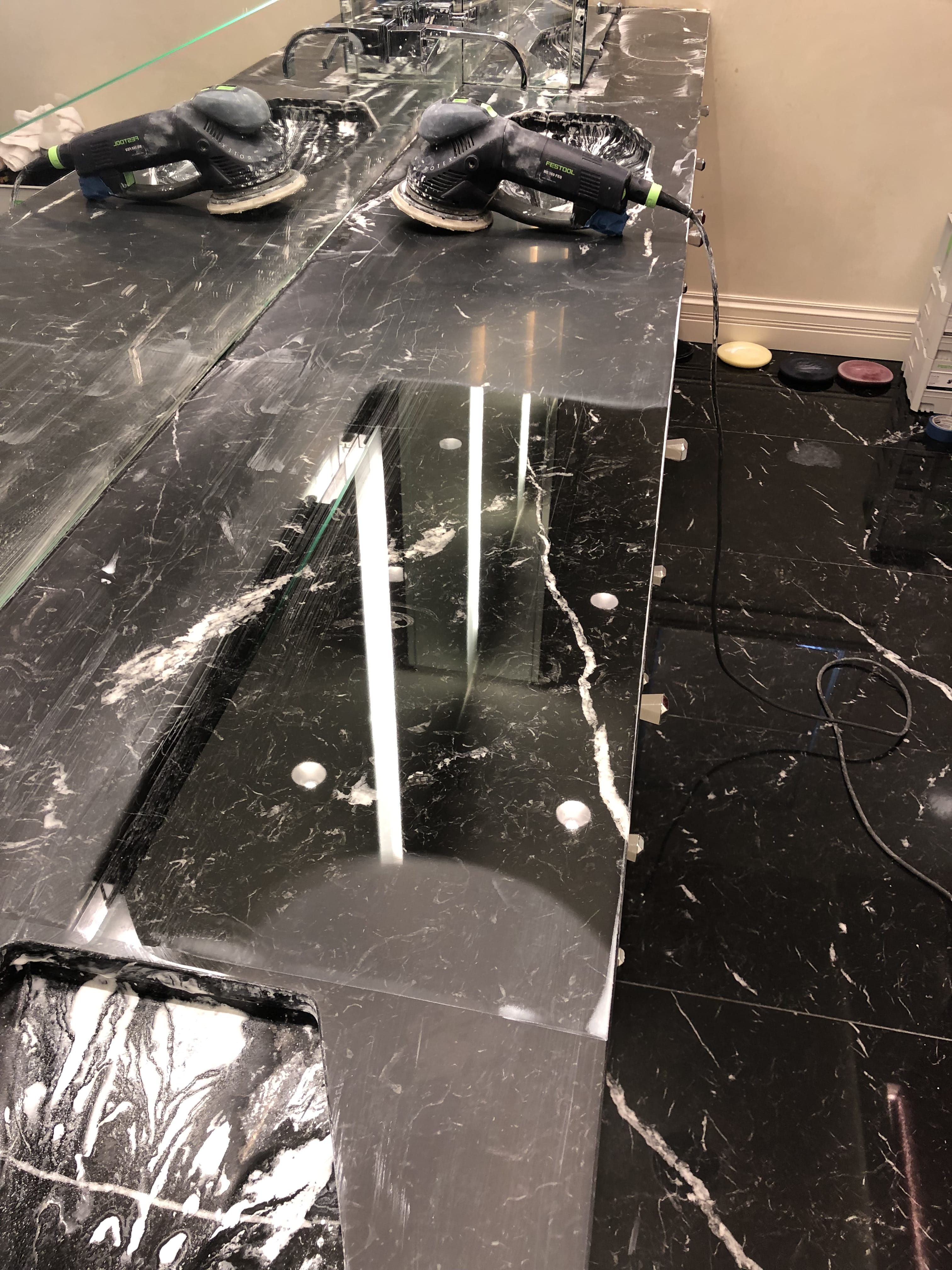 Black marble vanity during prep
